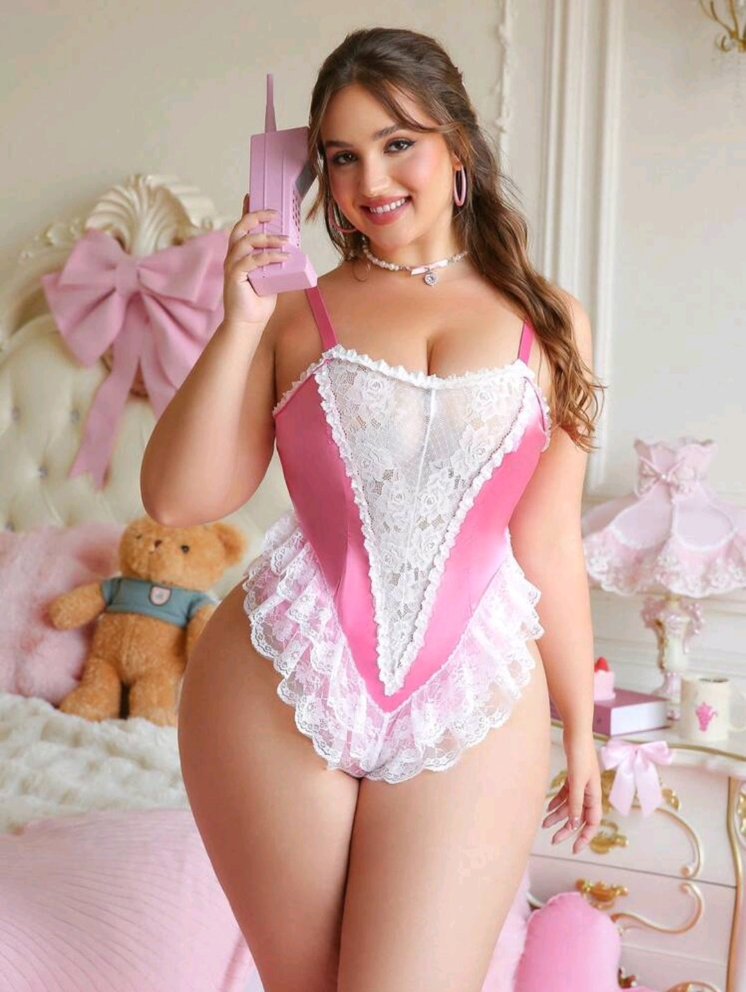 PetitDoll Plus Size Sexy Lingerie Set With V-Shaped Slimming, Lace Patchwork, Contrast Color, Ruffle Trim, Jumpsuit