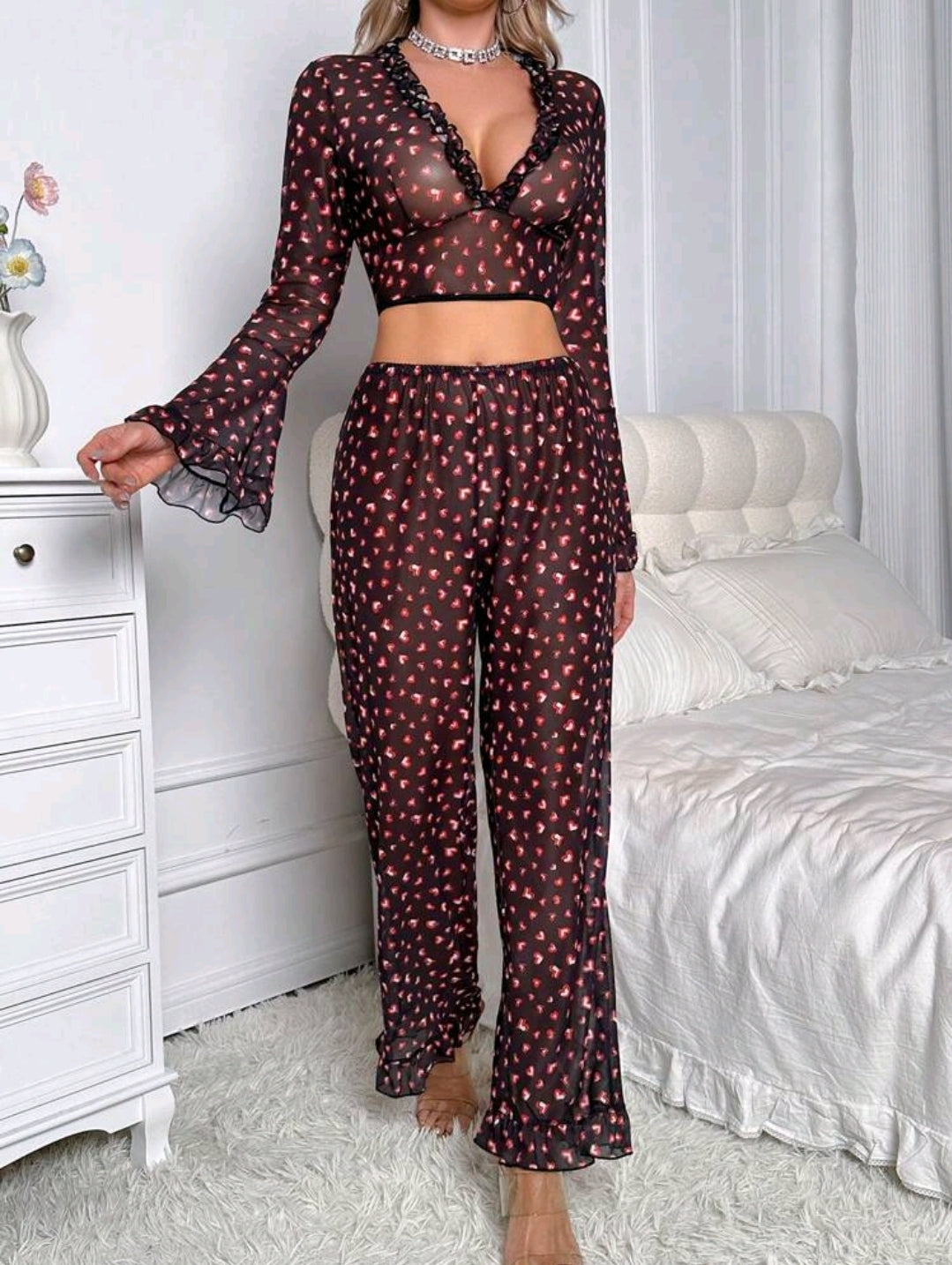 2pcs Printed Mesh Plunge Bra Set - Sexy Ladies Lingerie