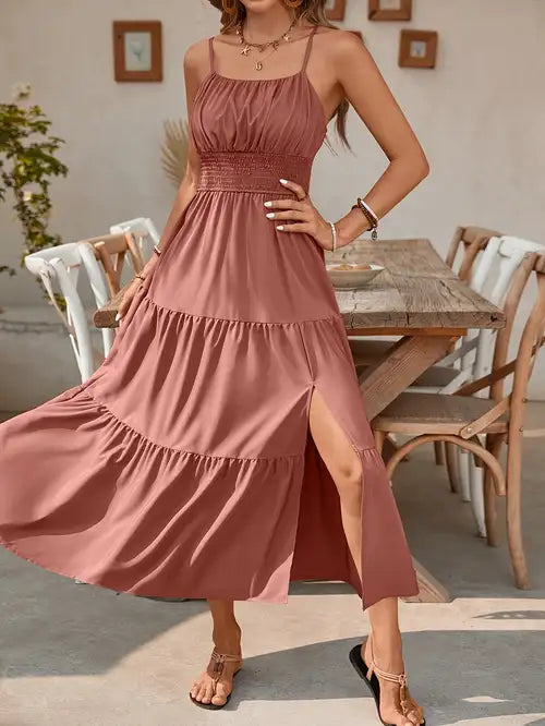 Women'S Elegant Sleeveless Green Maxi Dress with Ruched Detail - Perfect for Spring/Summer Vacations, Casual Elegance, Casual Elegance|Ruched Detail Dress|Sleeveless Fashion, Beach Dresses