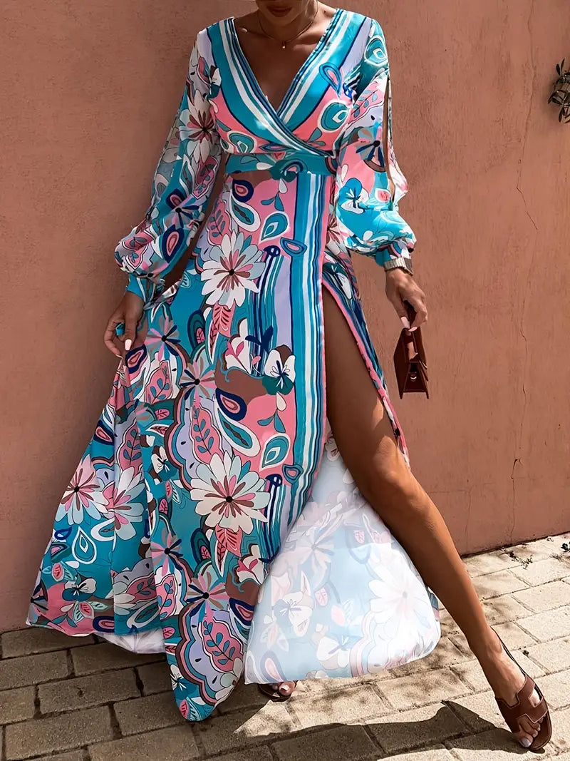 Women's Plus Size Floral Print V-Neck Maxi Dress with High Thigh Slit - Casual Long Sleeve Flowy Dress for Spring & Fall, Lightweight Polyester, Vibrant Pink & Blue Floral Pattern, Floral Dress