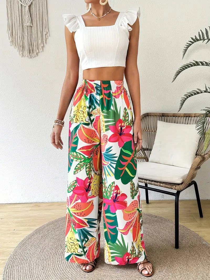 Women's Elastic Waist Tropical Floral Print Wide-Leg Pants - Lightweight Breathable Summer Casual Lounge Pants for Vacation & Casual Attire, Machine Washable