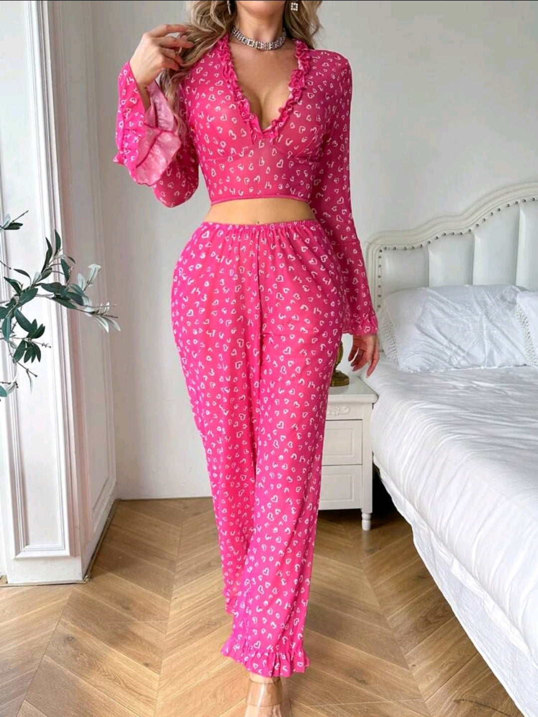 2pcs Printed Mesh Plunge Bra Set - Sexy Ladies Lingerie
