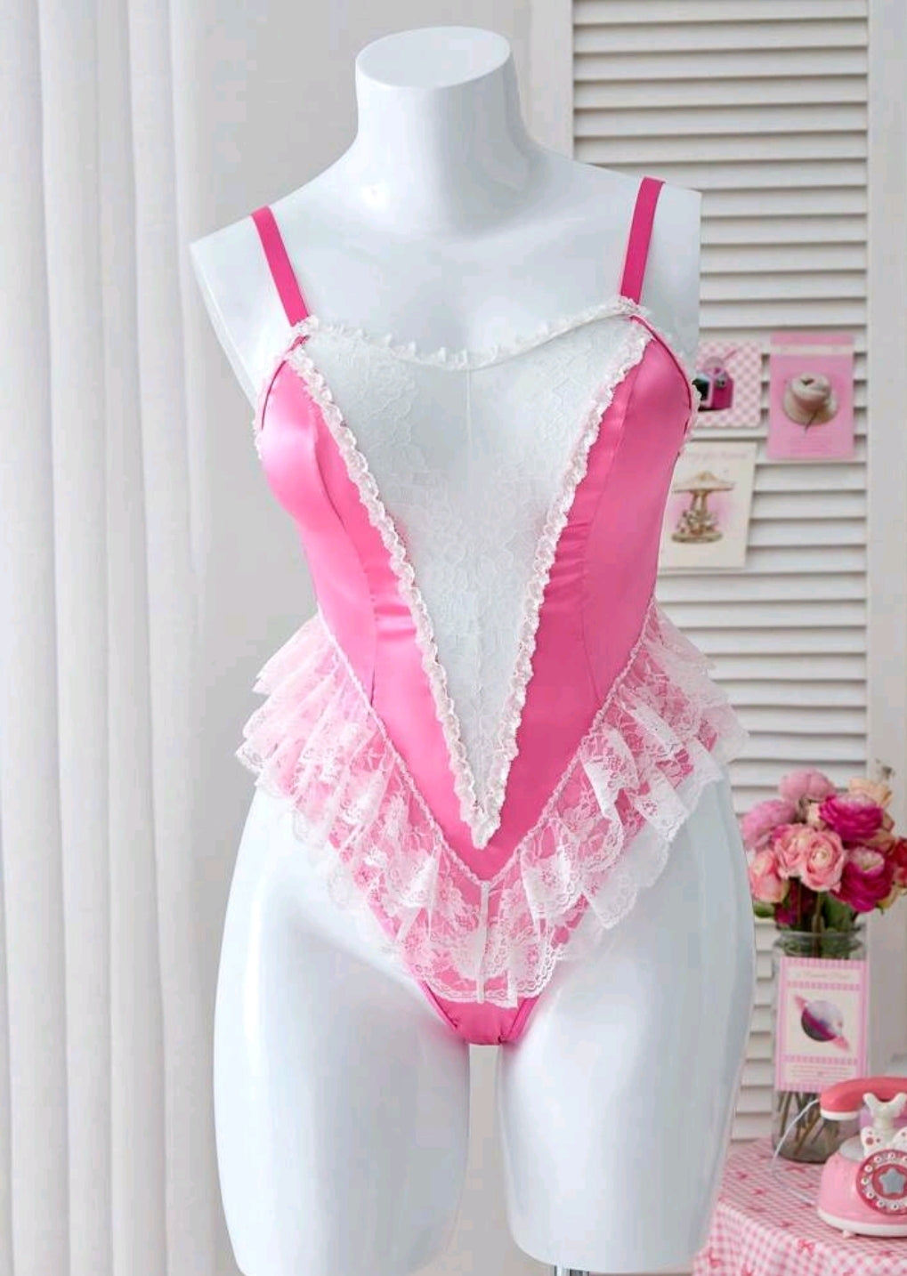 PetitDoll Plus Size Sexy Lingerie Set With V-Shaped Slimming, Lace Patchwork, Contrast Color, Ruffle Trim, Jumpsuit