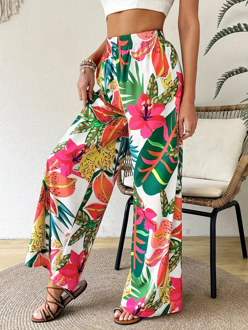 Women's Elastic Waist Tropical Floral Print Wide-Leg Pants - Lightweight Breathable Summer Casual Lounge Pants for Vacation & Casual Attire, Machine Washable