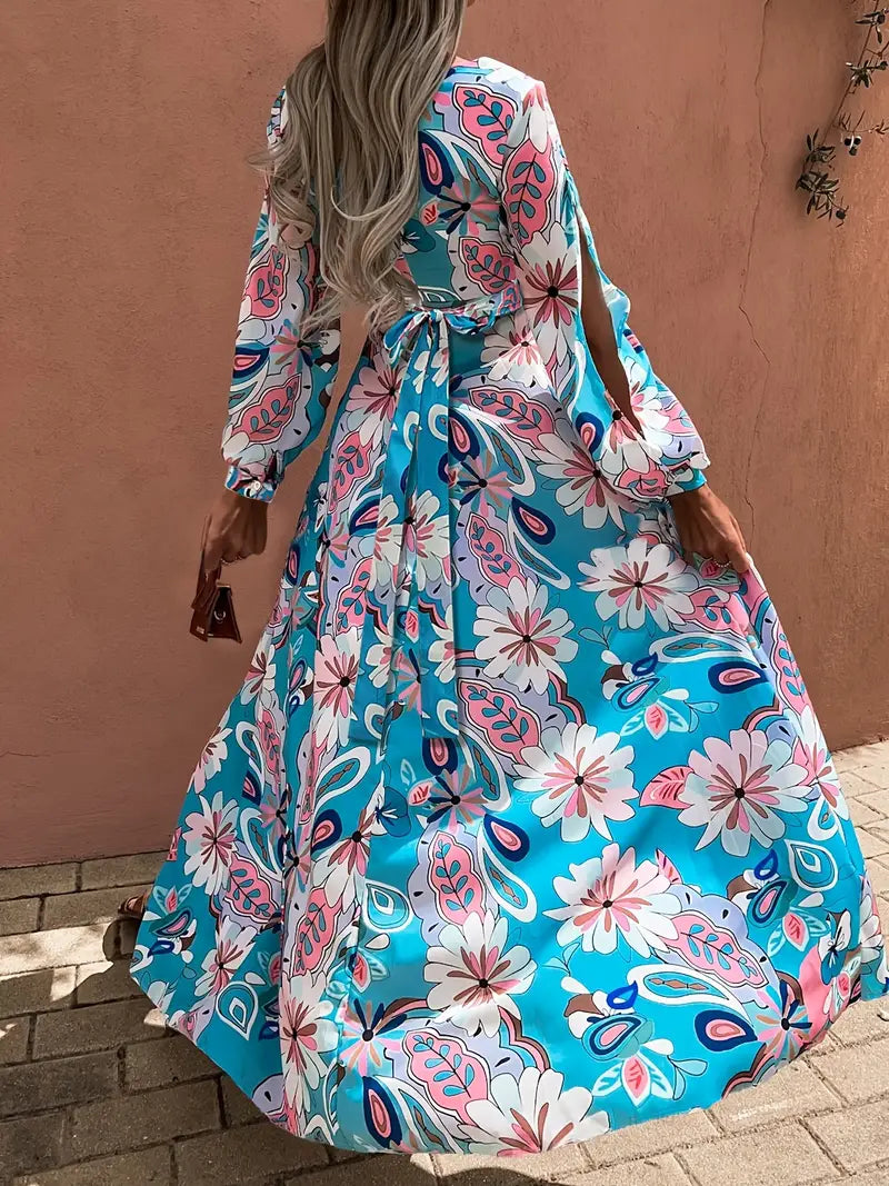 Women's Plus Size Floral Print V-Neck Maxi Dress with High Thigh Slit - Casual Long Sleeve Flowy Dress for Spring & Fall, Lightweight Polyester, Vibrant Pink & Blue Floral Pattern, Floral Dress