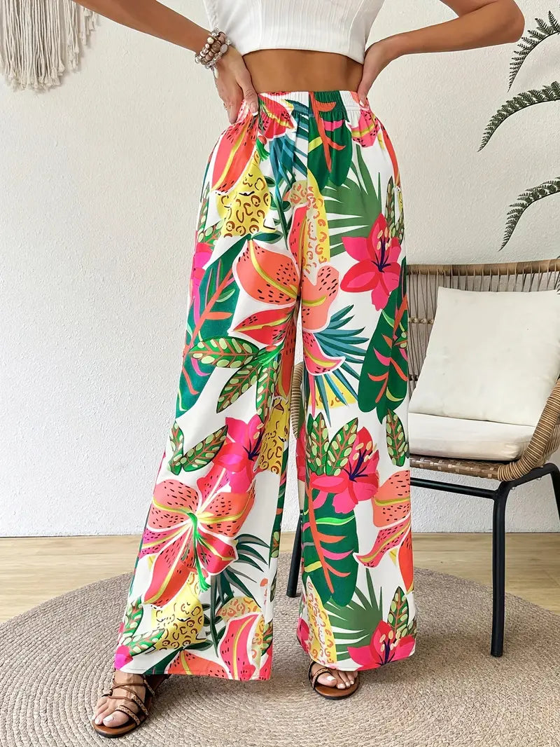 Women's Elastic Waist Tropical Floral Print Wide-Leg Pants - Lightweight Breathable Summer Casual Lounge Pants for Vacation & Casual Attire, Machine Washable