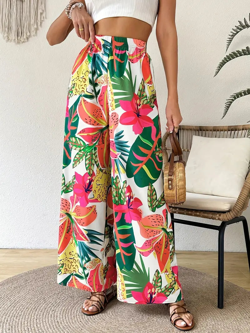 Women's Elastic Waist Tropical Floral Print Wide-Leg Pants - Lightweight Breathable Summer Casual Lounge Pants for Vacation & Casual Attire, Machine Washable
