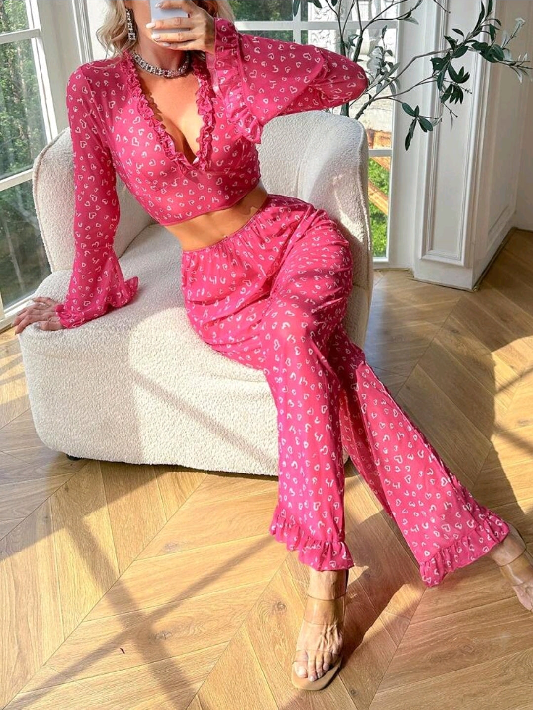 2pcs Printed Mesh Plunge Bra Set - Sexy Ladies Lingerie
