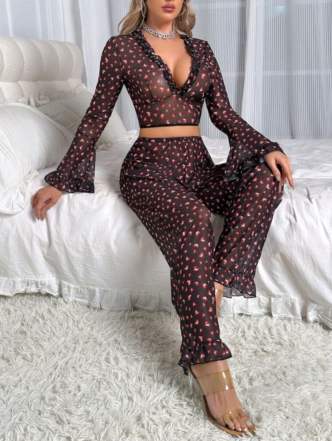 2pcs Printed Mesh Plunge Bra Set - Sexy Ladies Lingerie