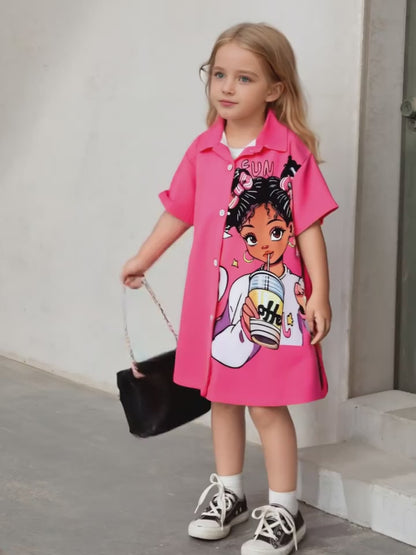 Chic Pink Girls' Summer Shirt - Lightweight, Cartoon Print, Short Sleeve with Collar, Button-Up Long Blouse for Casual Wear - Machine Washable, Polyester