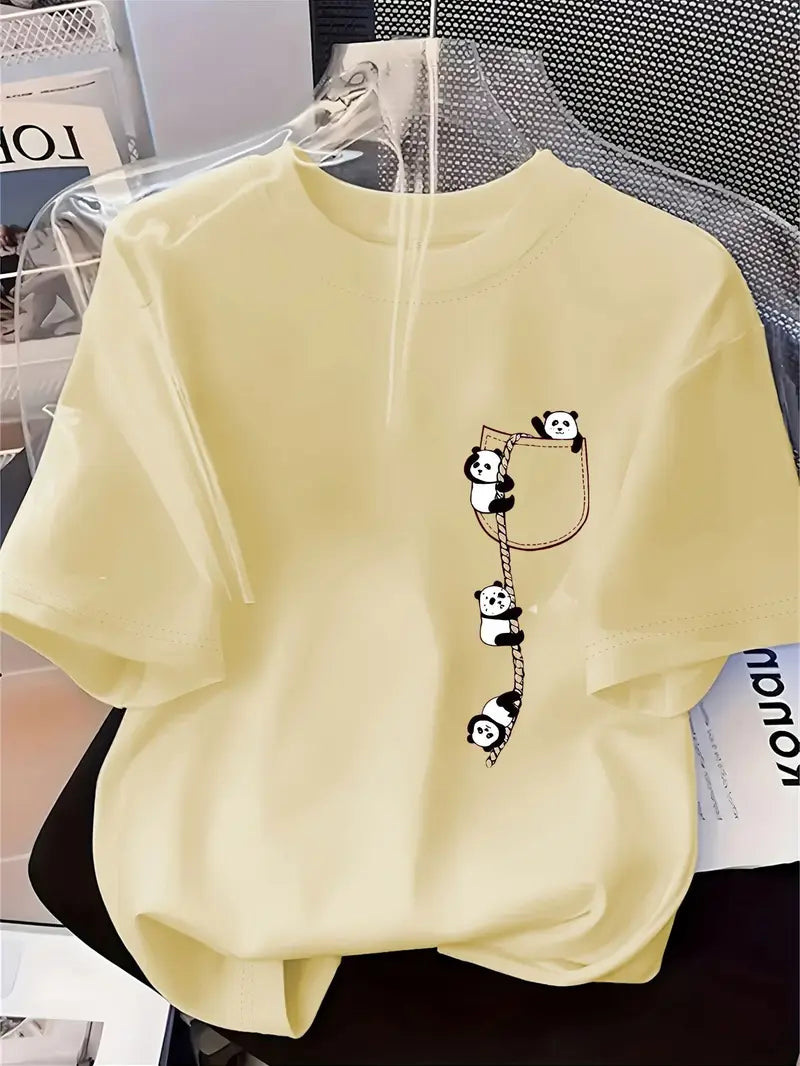 Women'S Cute Panda Print T-Shirt - Soft Knit Fabric, Short Sleeve Crew Neck, Casual & Comfortable Top for Spring & Summer, Red with Black Panda Design, Casual Wear | Playful Design | Comfortable Fit
