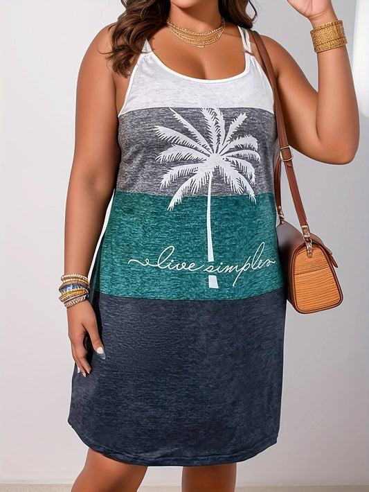 Plus Size Colorblock Cami Dress with Coconut Tree Print - Casual Sleeveless Dress for Spring & Summer, Women's Plus Size Clothing, Beach Vacation Wear|Tropical Theme Dress|Comfortable Fit