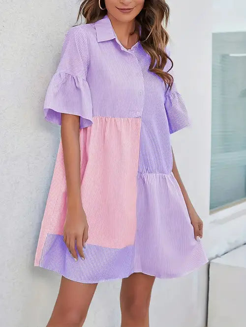 [Short Sleeve Spring Dress] Striped Colorblock Button Up Shirt Dress, Casual Short Sleeve Dress For Spring & Summer, Women's Clothing