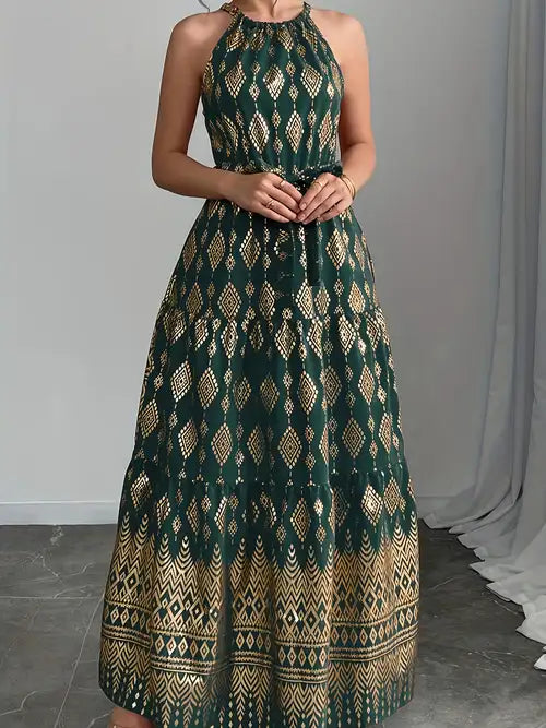 [Vacation Style] Women's Red Geometric Print Halter Neck Sleeveless A-Line Maxi Dress | Lightweight Polyester | Vacation Style
