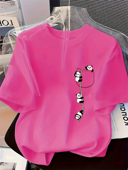 Women'S Cute Panda Print T-Shirt - Soft Knit Fabric, Short Sleeve Crew Neck, Casual & Comfortable Top for Spring & Summer, Red with Black Panda Design, Casual Wear | Playful Design | Comfortable Fit