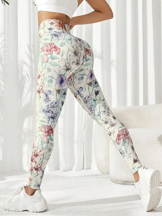 Floral Print Yoga Pants - Mid-Stretch Non-See-Through Workout Leggings with Vibrant Pink Purple Blue Floral Print Design, Hand Wash Only, No Belt Loops for Yoga Running Gym & Casual Wear, Running Gear | Feminine Sportswear | Medium Elasticity