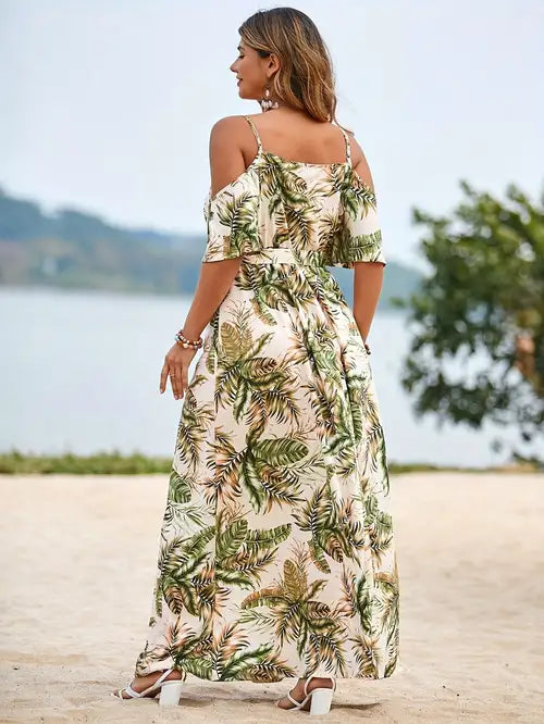 Elegant Plus Size Tropical Floral Maxi Dress with Off-Shoulder Straps and Tie Waist - Lightweight Summer Beachwear in a Flowing Gown Style, Strapless Design, Plus Size Beach Dresses