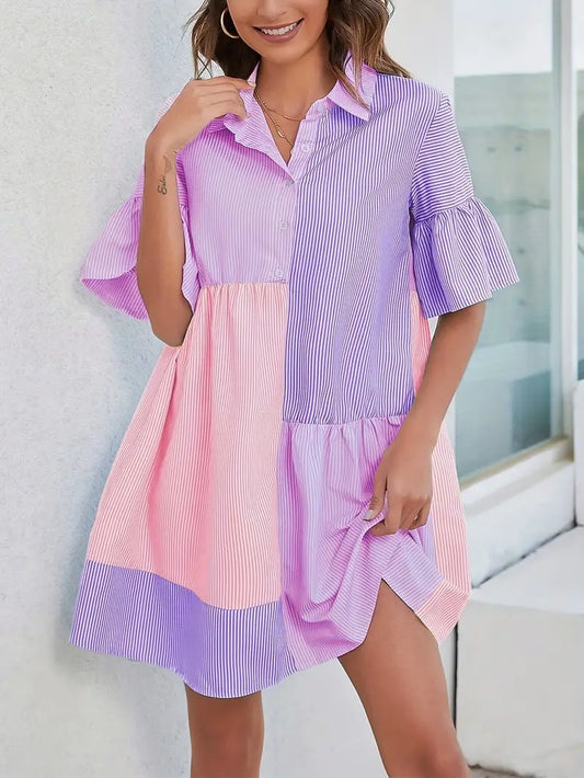 [Short Sleeve Spring Dress] Striped Colorblock Button Up Shirt Dress, Casual Short Sleeve Dress For Spring & Summer, Women's Clothing