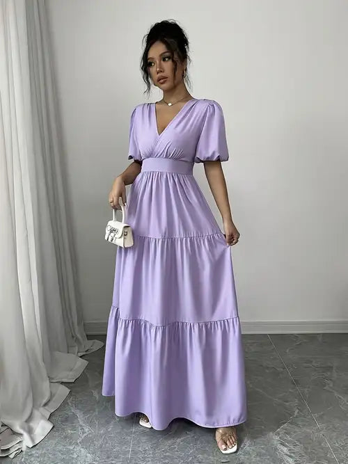 Elegant Lavender V-Neck Maxi Dress with Ruffled Hem and Puff Sleeves - Cinched Waist, Flowy Design, Machine Washable - Perfect for Casual or Formal Occasions