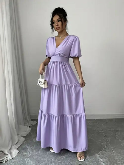 Elegant Lavender V-Neck Maxi Dress with Ruffled Hem and Puff Sleeves - Cinched Waist, Flowy Design, Machine Washable - Perfect for Casual or Formal Occasions