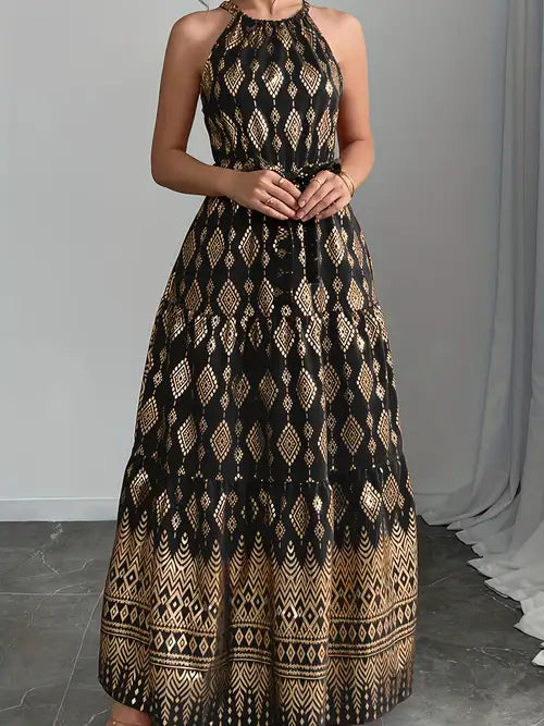 [Vacation Style] Women's Red Geometric Print Halter Neck Sleeveless A-Line Maxi Dress | Lightweight Polyester | Vacation Style