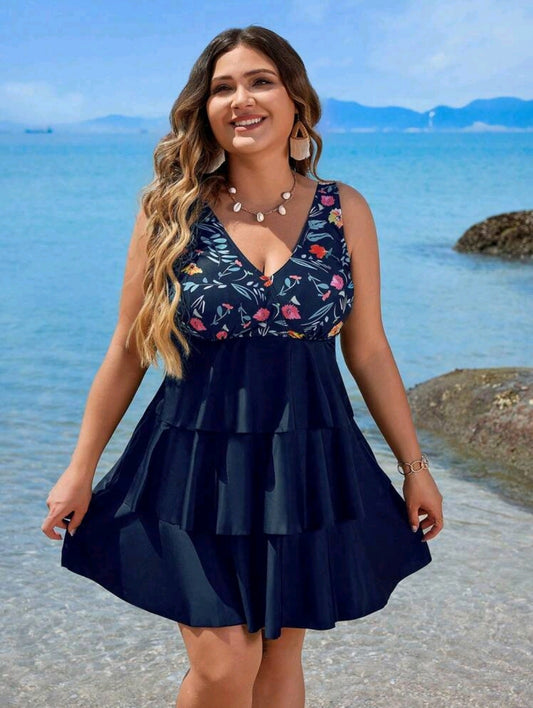 Swim Lushoire Plus Size Floral Print Patchwork Tankini Swimwear Set