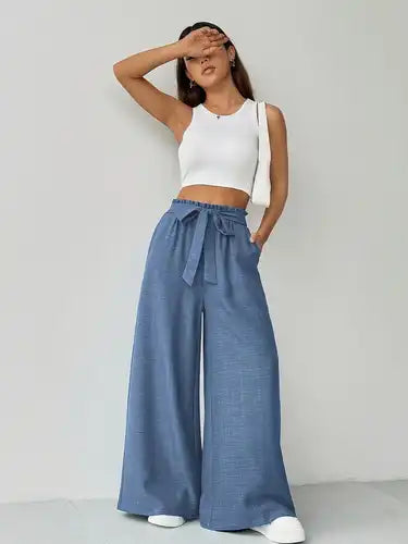 Women's High-Waist Wide Leg Casual Pants with Tie Belt & Pockets - Solid Dark Blue, Loose Fit for Spring/Summer, Machine Washable