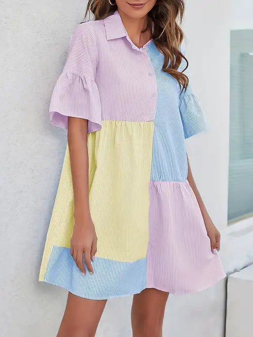 [Short Sleeve Spring Dress] Striped Colorblock Button Up Shirt Dress, Casual Short Sleeve Dress For Spring & Summer, Women's Clothing