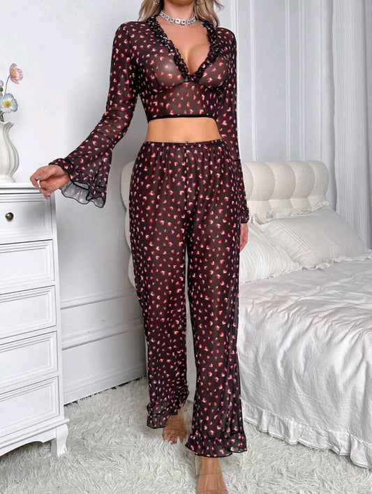 2pcs Printed Mesh Plunge Bra Set - Sexy Ladies Lingerie