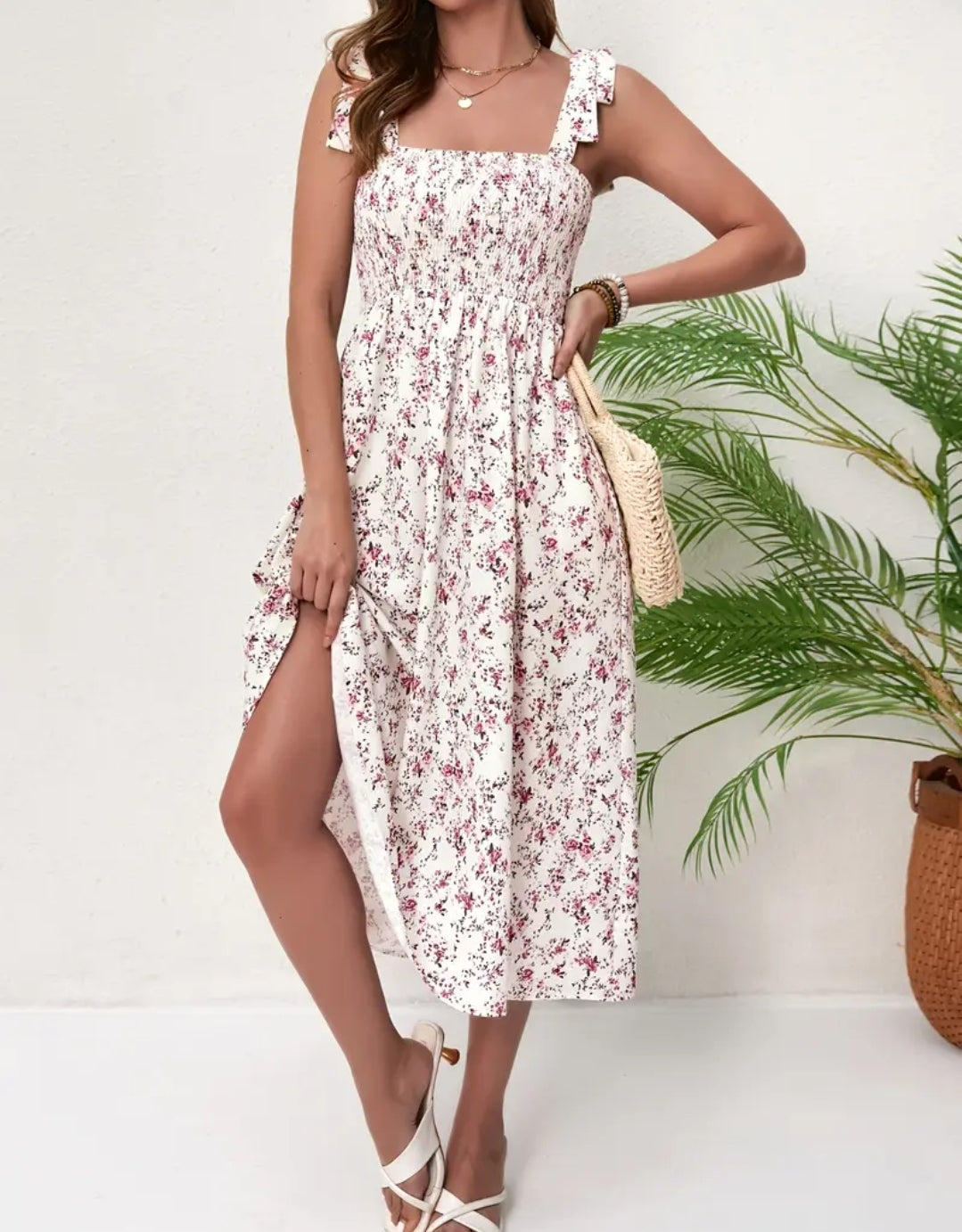 Women's Floral Print Dress - Elegant Sleeveless Backless Dress with Ruffled Neckline, Machine Washable All-Season Versatile Casual & Formal Wear, Floral Dress