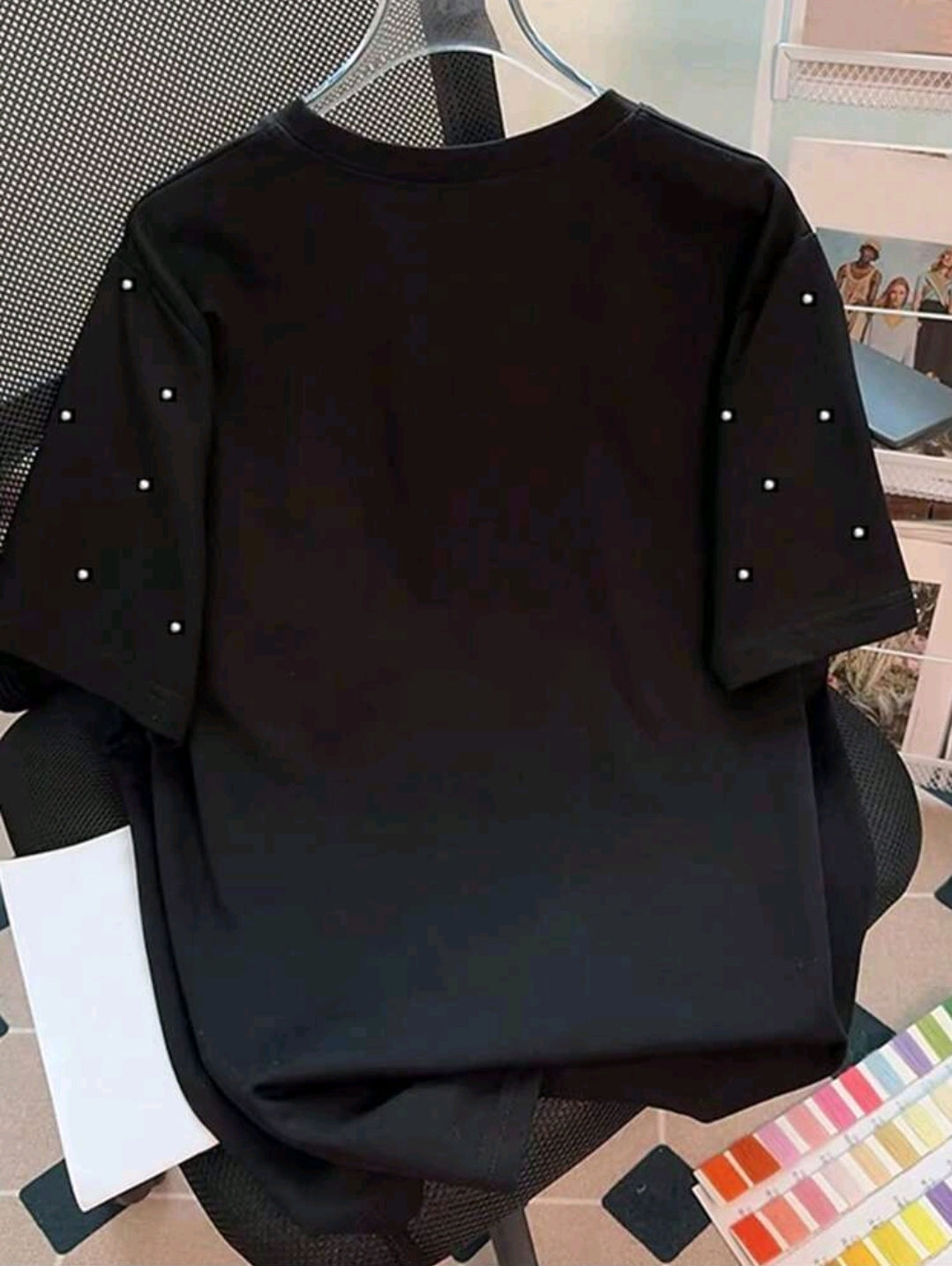 SHEIN MOOSTA Plus Size Women's Casual Round Neck Beaded Decor Summer T-Shirt