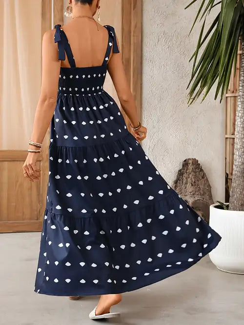 [Polka Dot Dress] Elegant Polka Dot Women's Strappy Back Dress with Tiered Skirt for Vacation