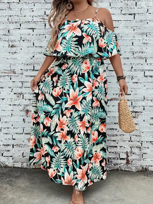 Women'S Plus Size Off-Shoulder Floral Maxi Dress - Black with Vibrant Orange & Green Flowers, Lightweight Non-Stretch Fabric, Perfect for Spring/Summer, Casual Attire|Floral Print Dress|Strapless Neckline, Plus Size Dress