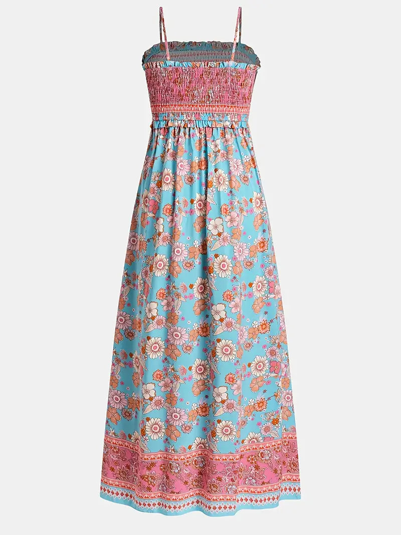 Boho Chic Floral Print Maxi Dress - Off-Shoulder A-Line Beach Vacation Dress for Women, Light Blue with Pink & White Floral Patterns, Casual Spring/Summer Style, Machine Washable, Summer Casual Wear | Offshoulder Dress | Casual Elegance, Beach Dress