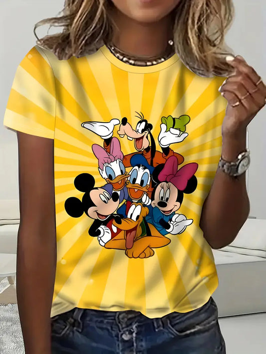 Women'S Summer Casual T-Shirt, Classic Cartoon Character Print, Yellow Short Sleeve Top with Mickey & Minnie Mouse Design, Playful Graphic Tee for Casual Attire, Ladies T Shirts