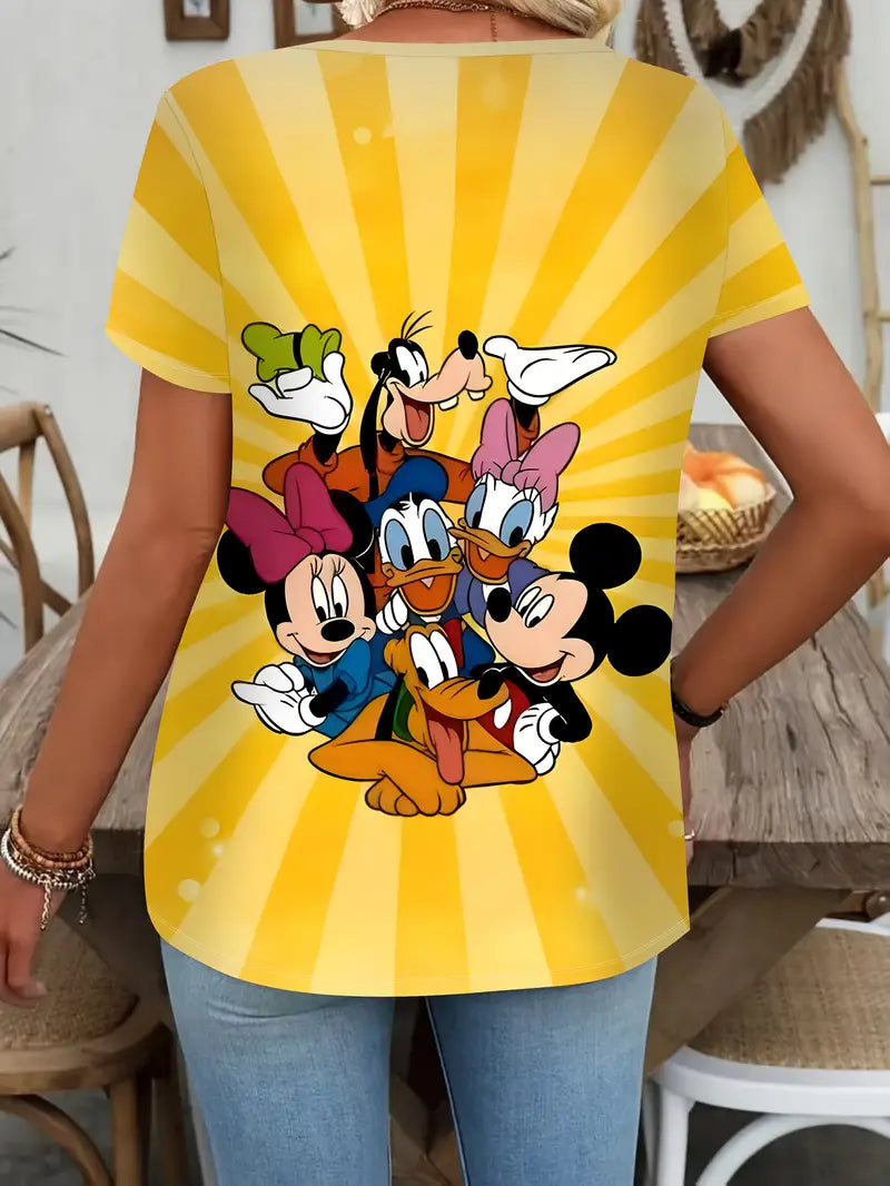 Women'S Summer Casual T-Shirt, Classic Cartoon Character Print, Yellow Short Sleeve Top with Mickey & Minnie Mouse Design, Playful Graphic Tee for Casual Attire, Ladies T Shirts