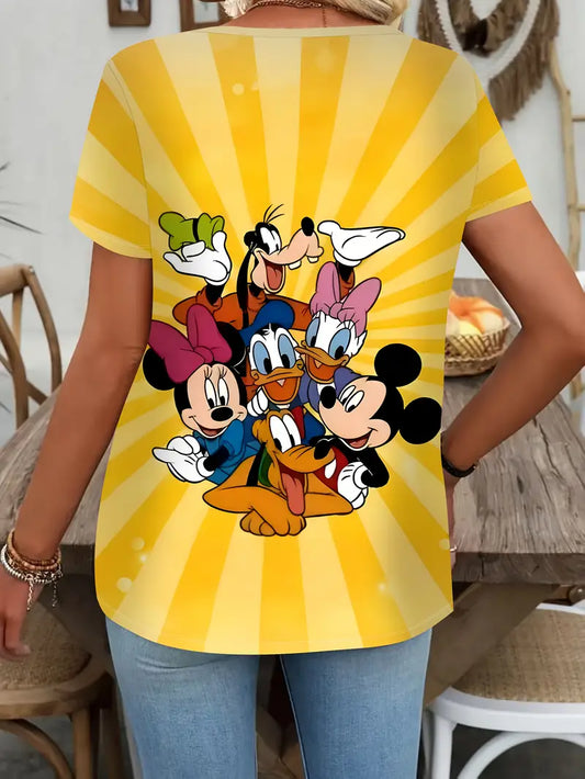 Women'S Summer Casual T-Shirt, Classic Cartoon Character Print, Yellow Short Sleeve Top with Mickey & Minnie Mouse Design, Playful Graphic Tee for Casual Attire, Ladies T Shirts