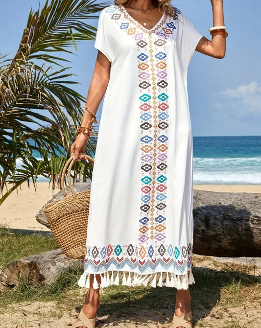 [1pc V-Neck Bohemian Kaftan Dress] 1pc Bohemian Chic Kaftan Dress - Women'S V-Neck Batwing Sleeve Tassel Hem Geometric Print Polyester Woven Dress for Spring/Summer/Fall