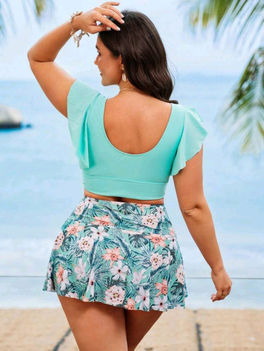 SHEIN Swim Curve Plus Size Women 2pcs Set Tropical Leaf Print Off Shoulder High Waist Slimming Elegant Swimwear