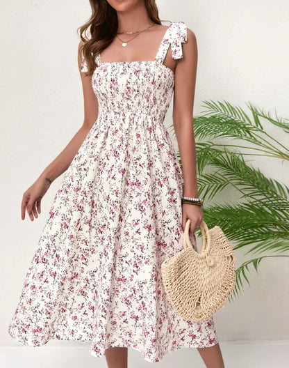 Women's Floral Print Dress - Elegant Sleeveless Backless Dress with Ruffled Neckline, Machine Washable All-Season Versatile Casual & Formal Wear, Floral Dress