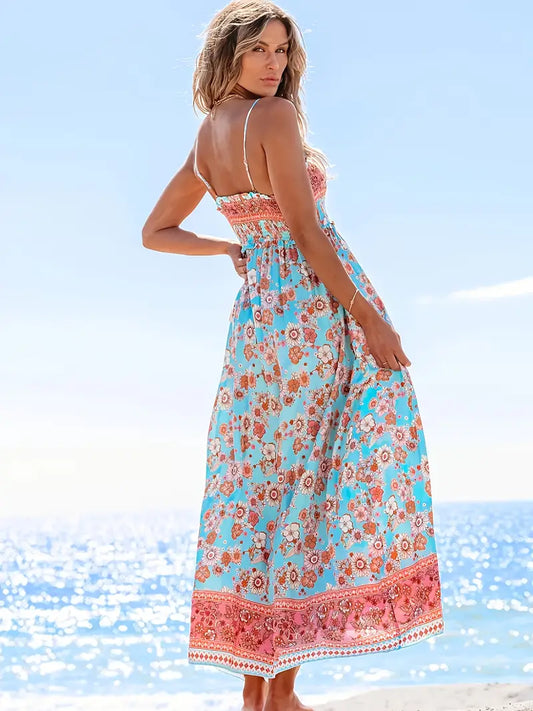 Boho Chic Floral Print Maxi Dress - Off-Shoulder A-Line Beach Vacation Dress for Women, Light Blue with Pink & White Floral Patterns, Casual Spring/Summer Style, Machine Washable, Summer Casual Wear | Offshoulder Dress | Casual Elegance, Beach Dress