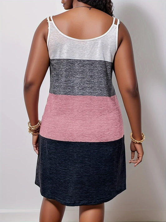 Plus Size Colorblock Cami Dress with Coconut Tree Print - Casual Sleeveless Dress for Spring & Summer, Women's Plus Size Clothing, Beach Vacation Wear|Tropical Theme Dress|Comfortable Fit