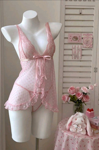 PetitDoll 2pcs Set Romantic French Style Pink Lace Patchwork Polka Dot Ruffle Hem Sexy Slit Dress