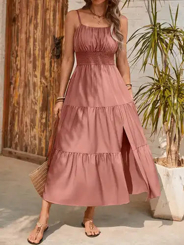 Women'S Elegant Sleeveless Green Maxi Dress with Ruched Detail - Perfect for Spring/Summer Vacations, Casual Elegance, Casual Elegance|Ruched Detail Dress|Sleeveless Fashion, Beach Dresses