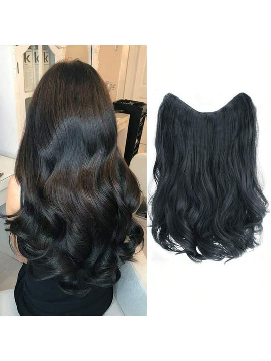 Synthetic Fiber V-Shaped Big Wave Hair Extensions For Caucasian Women, Invisible 4-Clips Hair Extensions, 20 Inches, Black/Brown