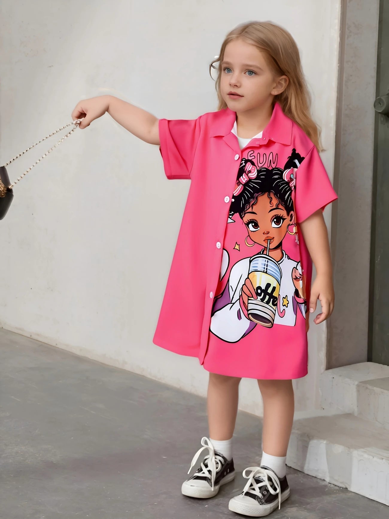 Chic Pink Girls' Summer Shirt - Lightweight, Cartoon Print, Short Sleeve with Collar, Button-Up Long Blouse for Casual Wear - Machine Washable, Polyester