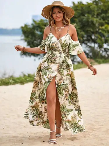 Elegant Plus Size Tropical Floral Maxi Dress with Off-Shoulder Straps and Tie Waist - Lightweight Summer Beachwear in a Flowing Gown Style, Strapless Design, Plus Size Beach Dresses