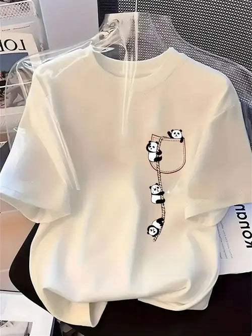 Women'S Cute Panda Print T-Shirt - Soft Knit Fabric, Short Sleeve Crew Neck, Casual & Comfortable Top for Spring & Summer, Red with Black Panda Design, Casual Wear | Playful Design | Comfortable Fit