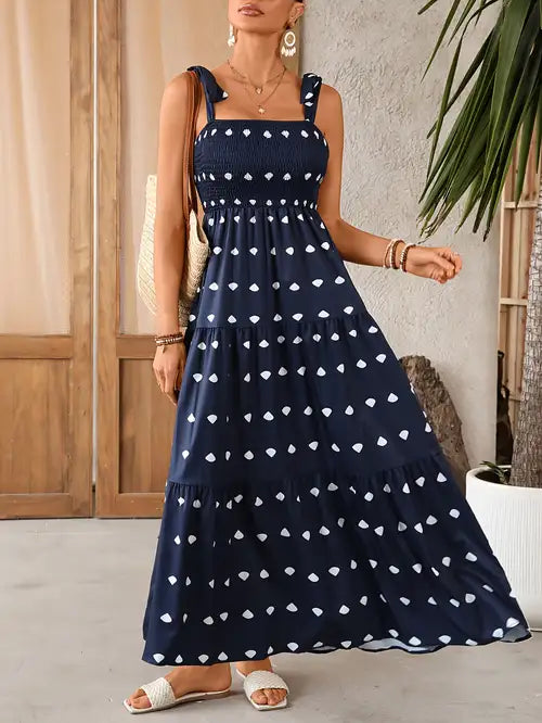 [Polka Dot Dress] Elegant Polka Dot Women's Strappy Back Dress with Tiered Skirt for Vacation