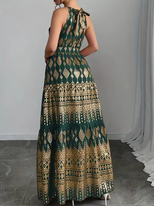 [Vacation Style] Women's Red Geometric Print Halter Neck Sleeveless A-Line Maxi Dress | Lightweight Polyester | Vacation Style